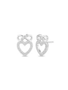 Bông tai bạc S925 hình trái tim thắt nơ đính đá Zirconia, hộp quà trang sức không gây dị ứng. - Bạch kim - Xem 1