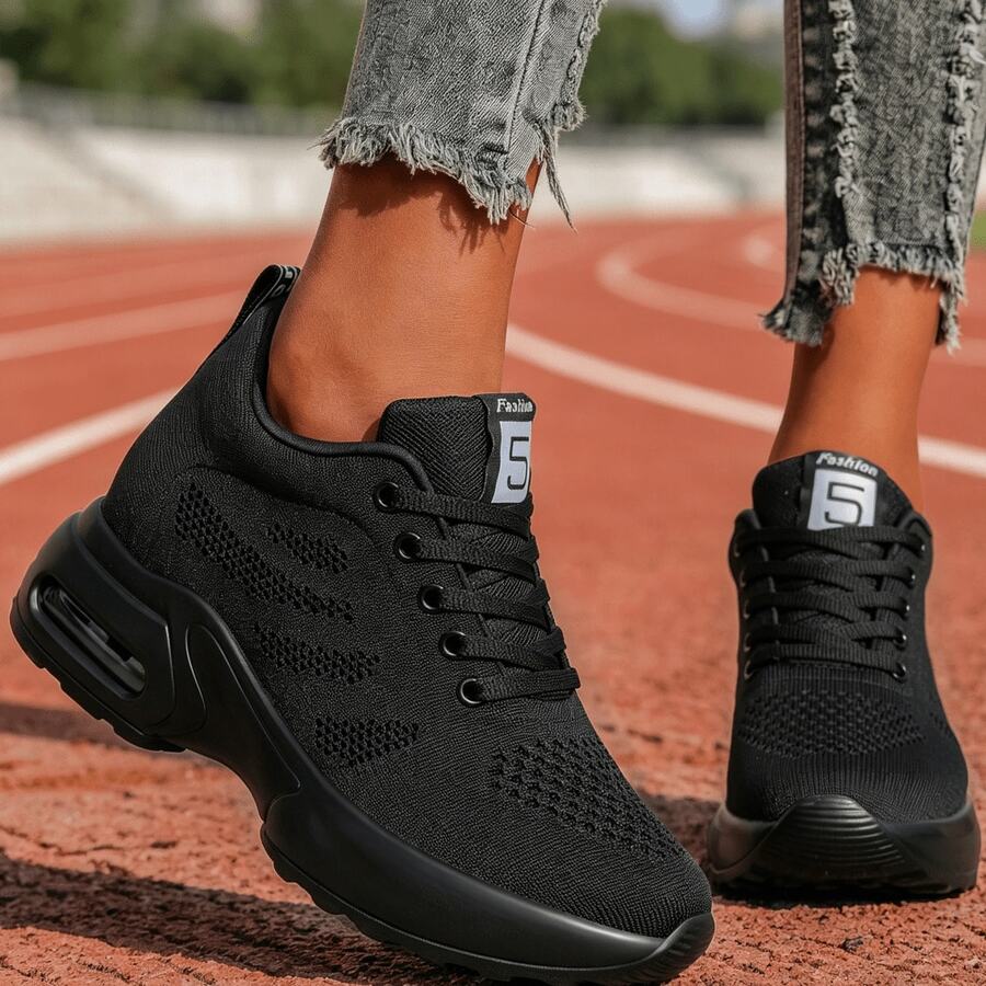 Women's Thick Soled Walking Shoes, Breathable, Comfortable And Height Increasing - 黑色 - 查看 1