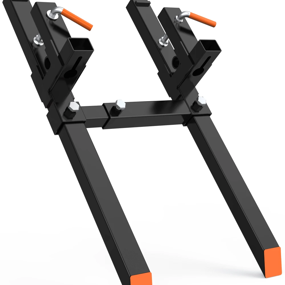 Horquillas para palets de alta resistencia con abrazadera para cubo de tractor, cargador, minicargadora - Capacidad de 4000 lbs, barra estabilizadora ajustable, enganche rápido - Construcción de acero duradero - Horquillas de 60" - Con biela - Ver 1