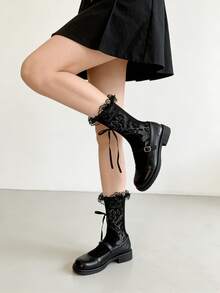 1/3 Pairs Cute Versatile Hollow Lace Ruffle Bow Mid-Calf Socks - Multicolor - View 9
