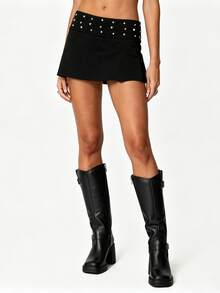 Women's Low Rise Mini Skirt Solid Color Studded Fixed Fold-Over Waistband A-Line Flowy Short Skirt For Streetwear - Black - View 1
