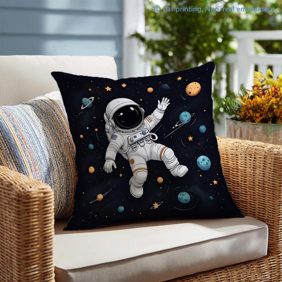 MEMNUN 1pc Cartoon Astronaut & Planet Print Pillow Cover [No Pillow Insert], 17.7*17.7in(45*45cm)/19.69*19.69in(50*50cm)/15.75*15.75in(40*40cm), [Single-Sided Printing] Farmhouse Style Polyester Throw Pillow Case For Sofa, Bed, Living Room, Bedroom, Car, Office, Hotel Decor, Perfect Gift For Family And Friends, All Seasons - Multicolor - View 1
