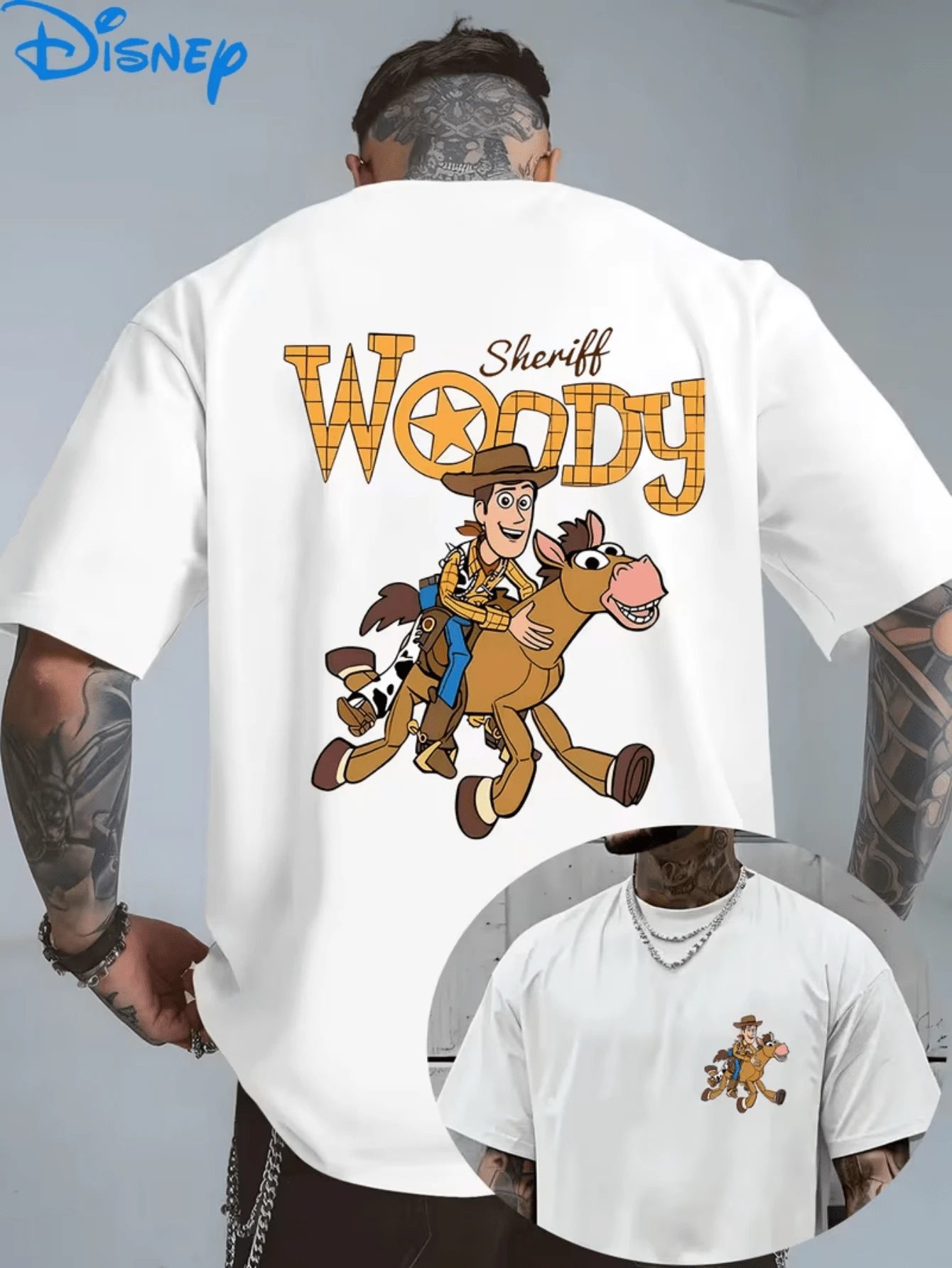 [Disney Licensed]Disney Toy Story Sheriff Woody Bullseye Men's Oversized Graphic T-Shirt, Casual Front & Back Print Short Sleeve Tee, Retro Cartoon Streetwear Top For Summer Daily Wear, Vacation, Casual Outings, Back To School & Teen Boys Fashion, Disney Officially Authorized Men's Short-Sleeved T-Shirts, Mens Clothes, Men, Ropa De Hombre, Summer Clothes, Men Shirts, Graphic Tees, Disney Outfits Men, Graphic Tees, Camisetas Para Hombre, Camisas Para Hombre, Summer Outfits For Men, Father's Day Gift, Perfect Gift For Family And Friends, Which Are Necessary For Birthday Parties, Disney Shirts, Mens Clothes, Summer Clothes, Officially Licensed Disney T-Shirts, Disney Men's And Women's Spring/Summer Fashion Casual Short-Sleeve T-Shirts - 白色 - 查看 1
