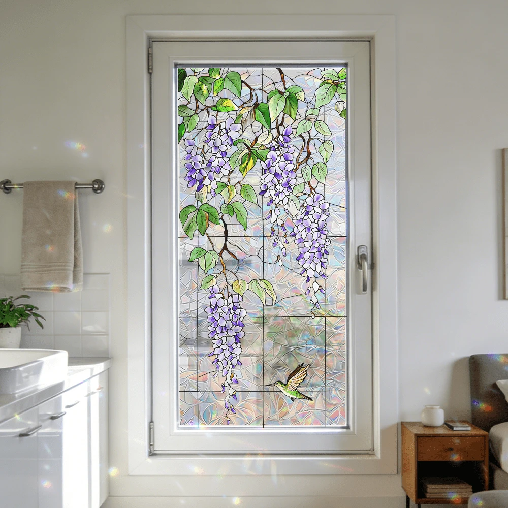 1pc Removable Floral Pattern Static Cling Window Film, Double-Sided Rainbow Sunlight Catcher, PVC Material, Suitable For Home And Office Glass Window Decor, Anti-Collision Sticker, Privacy Film, Applicable To Any Smooth Surface - Floral Window Stickers - View 1