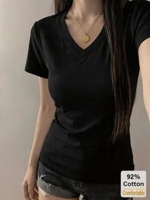 V领纯色修身T恤，女士百搭休闲打底衫，黑色夏季款 - 黑色 - 查看 2