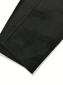 Men's Letter Patch Multi-Pocket Drawstring Waist Loose Fit Cargo Pants, Black, Street Fashion - Black - View 4