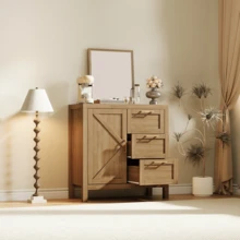 Aparador buffet moderno con almacenamiento - Mesa credenza de madera de 35.4" con puertas, estante ajustable y 3 cajones - Consola de barra de café para comedor, sala de estar, entrada - Nuez - Ver 4