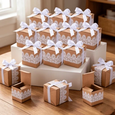 Conjunto com 24 Caixas de Doces em Papel Kraft com Renda Boho | Caixas de Presente Versáteis para Casamentos, Aniversários e Festas, Pequenas Caixas Dobráveis para Lembrancinhas