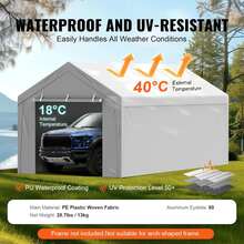 Carport Replacement Canopy Cover Top + Side Wall 10 X 20 Ft, Garage Tent Shelter Tarp Heavy-Duty Waterproof & UV Protected, Easy Installation With Ball Bungees,Grey (Frame Not Included) - Gray - View 3