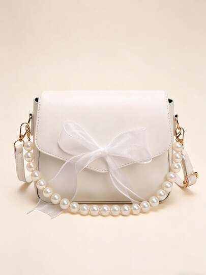 White Bow Pearl Chain Crossbody Bag, Gentle Style Small Square Shoulder Bag, Girlish Date Handbag