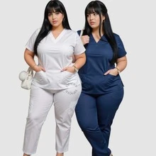 Hospital Set Short Sleeve Scrub Slim + Plus Size Quick Dry Oxford High Quality Private And Fitted Nursing Uniform 36-50 Veterinary Hospital And Clinics - Blue and White - View 11