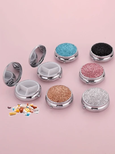 1pc Round Small Pill Box, Multi-Color Sparkling Golden Pill Case, Portable Daily Travel Pill Box, Rhinestone Pill Box, Moisture-Proof Small Medicine Box, Travel Outdoor Crystal Medicine Storage Case, Multi-Functional Storage Box For Vitamins,Multi-Functional Vitamin And Health Product Storage Box, Ideal Gift, Waterproof Personal Pill Organizer.