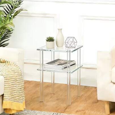 透明亚克力桌面收纳架，带2个储物架，简约透明双层床头柜，适用于小空间、卧室、办公室、客厅