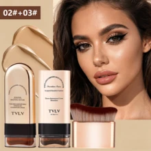 2-Piece Set Of Foundation Stick + Gold-Plated Brush - Waterproof, Sweat-Proof, Matte Effect, Foldable Double-Head Design, Equipped With Paste Brush Head, Suitable For Daily Commuting, Dating, Stage Performance, Photography And Travel - Cream Color Is Also An Excellent Choice For Easter Gifts - 9380+9374+Gilded Brush - View 2