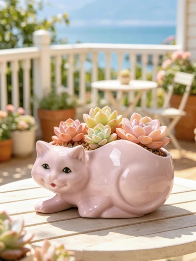 One Bohemian-Style Creative Design Cute Cat Flower Pot, Lightweight, Multi-Functional Synthetic Resin, Drop-Resistant, Suitable For Both Indoor And Outdoor Use.