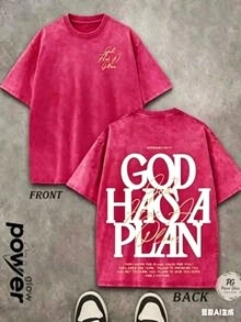 Jesus Tee God Has A Plan Graphic Tee Double-Sided Print Washed T-Shirt Holiday Gifts Y2K Men's Graphic Tees, 230G Cotton T - Shirts,100% Pure Cotton - 紅色 - 查看 5