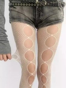 1双朋克风镂空渔网连裤袜，高弹黑色网眼紧身裤，耐穿防勾丝，女士派对及日常穿着 - 彩色 - 查看 2