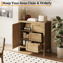 Aparador buffet moderno con almacenamiento - Mesa credenza de madera de 35.4" con puertas, estante ajustable y 3 cajones - Consola de barra de café para comedor, sala de estar, entrada - Nuez - Ver 7