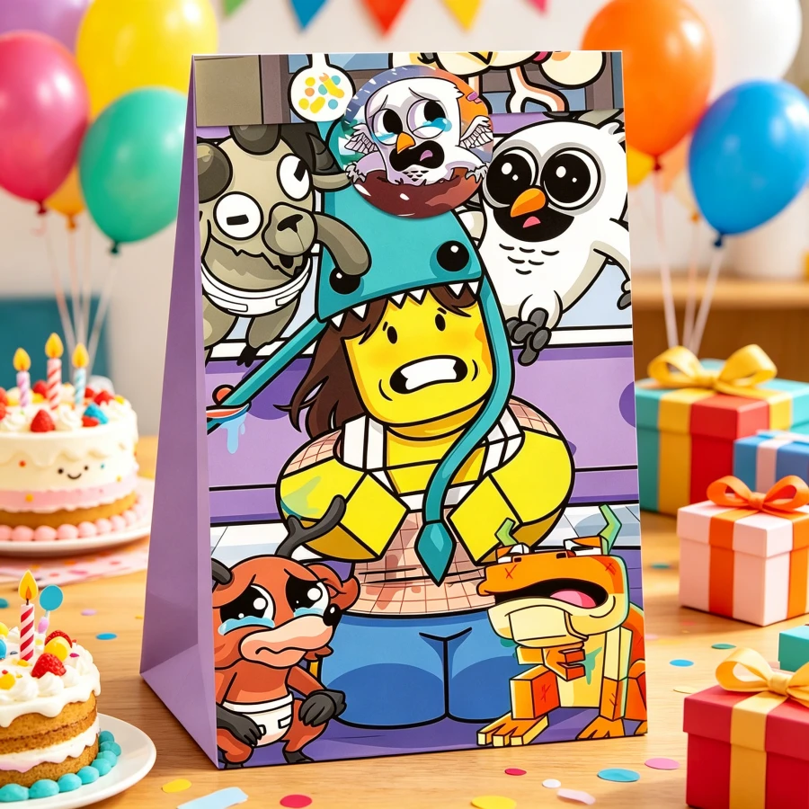 Roblox 24 bộ túi quà chủ đề "Rừng 99 sao - Tiên đêm". Những chiếc túi giấy đựng kẹo này được trang trí bằng sticker và thiết kế theo chủ đề động vật sống về đêm trong rừng. Chúng thích hợp để đóng gói quà tốt nghiệp, quà cưới, quà tặng trong các bữa tiệc sinh nhật của trẻ em và làm vật phẩm đóng gói. - Bộ nhãn dán túi giấy Roblo 99 - Xem 1