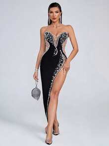 Girsdy Black V-Neck Rhinestone Beaded Backless Bandage Sleeveless Sexy Cocktail Dress Fall Wedding Party - Black - View 6