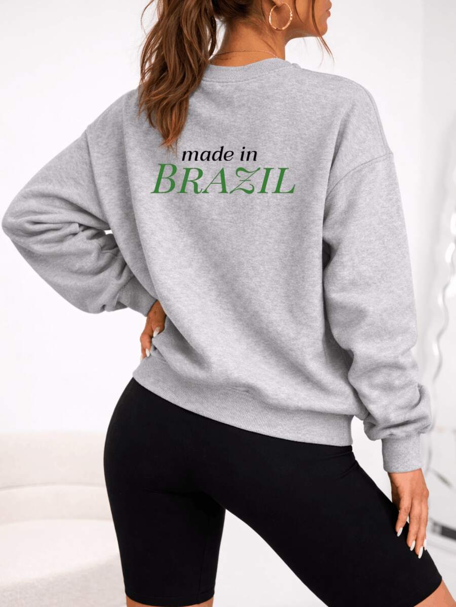 Women's Crew Neck Printed Sweatshirt, National Team, Ribbed Collar, Winter, Brazil, Brasa Brasuca, Copa, Cotton - 灰色 - 查看 1