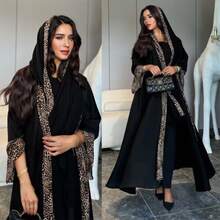 Open-Front Abaya Decorated With Leopard Print, Matched With A Same-Pattern Hijab - Multicolor - View 5