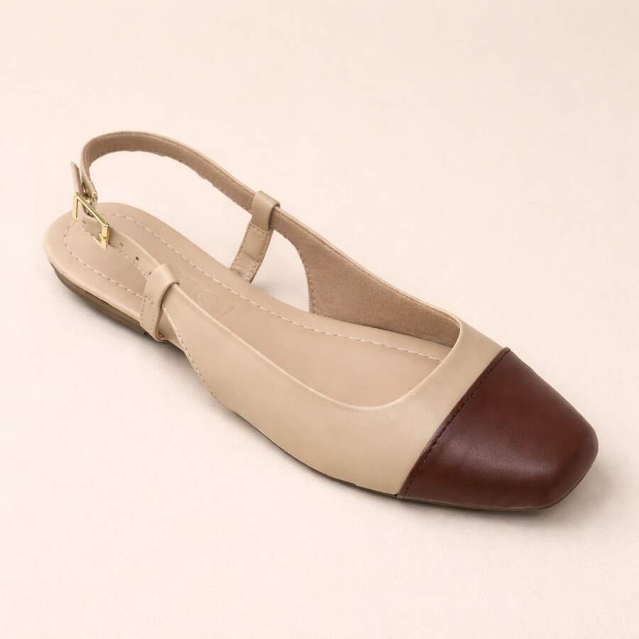 Women's Slingback Flat Shoe, Delicate And Elegant, Two-Tone - Óxido marrón - Ver 1