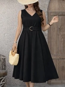 Kliou Fashion Elegant Plus Size Midi Dress With Defined Waist, Casual Office Wear - màu đen - Xem 1