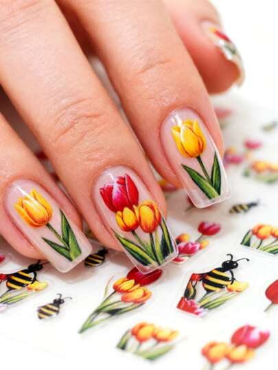 1pc Fresh Tulip Nail Sticker, Self-Adhesive One-Time Embossed Nail Art Decor, Sweet Floral Nail Sticker, Suitable For Festivals And Parties, Vivid Pattern, Easy To Apply