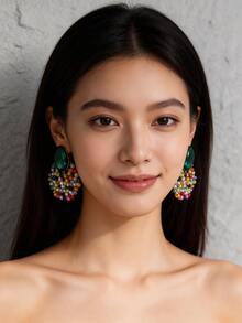 一对波西米亚彩虹串珠耳环，可爱又时尚，适合音乐节、海滩度假、海滩派对、夏季郊游、野餐、休闲穿搭、波西米亚风、闺蜜聚会、休闲度假造型、复古装扮。 - 彩色 - 查看 9