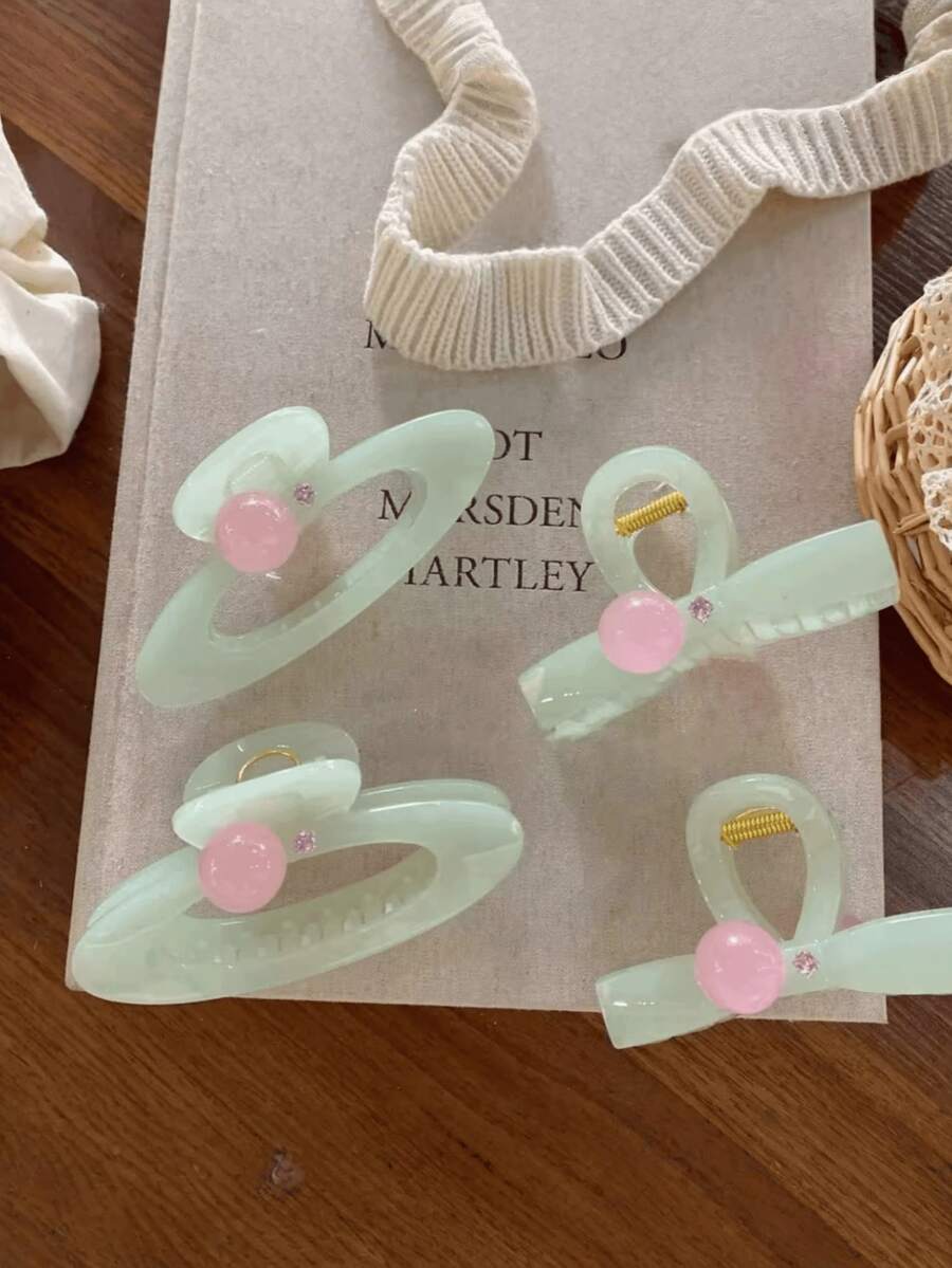 薄荷绿果冻质感发爪夹,饰以粉色珍珠和水钻,甜美亚克力发饰,优雅日常佩戴,适合半扎发造型 - 彩色 - 查看 1