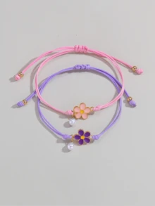 2pcs Lovely Floral Bracelets For Women, Flower Design With Faux Pearl, Adjustable Size, Each Set Comes With A Thank You Card, Suitable For Daily Wear, Sharing With Loved Ones, Wedding Gift - Multicolor - View 4