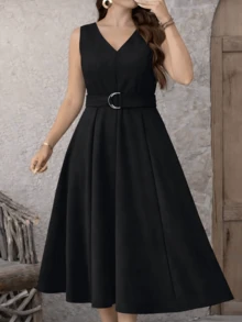 Kliou Fashion Elegant Plus Size Midi Dress With Defined Waist, Casual Office Wear - màu đen - Xem 5