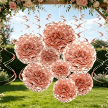 Rose Gold Single Ladies Party Hanging Decor - Wedding Party Aluminum Foil Swirl Paper Napkins, Pom Poms, Flower Bridal Shower Garland For Anniversary, Mother's Day, Birthday, Shower Party Decoration - A - View 3