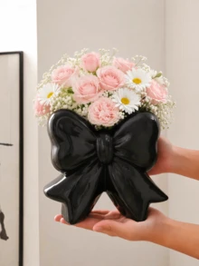 1pc Bow Decorative Flower Vase, Cute Ribbon Design Vase For Home Decor, Living Room Table Centerpiece, Bedroom Shelf & Gift Display - Black - View 6