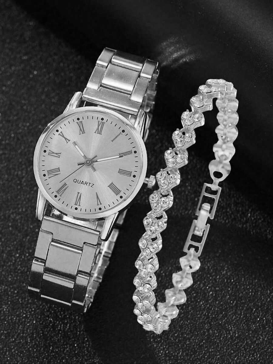2pcs/Set Fashion Elegant Crystal Watch & Luxury Rhinestone Bangle Bracelet Watch, Quartz Watch, Eid Gift - Silver - View 1