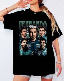 Fernando Alonso 90s Bootleg T-Shirt, F1 Racing Collage Print, Unisex Motorsport Fan Streetwear Top - Black - View 7
