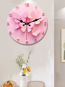 2D Elegant Pink Butterfly Decorative Wall Clock | Silent Artistic Decor With Floral Design, Suitable For Living Room, Bedroom, Office, Wooden Structure, Batteries Not Included - A - View 2