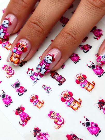 1 pieza Pegatinas de uñas de gato de dibujos animados rosa, decoración de arte de uñas con relieve autoadhesivo de un solo uso, diseño lindo adecuado para citas y uso diario, fácil de aplicar