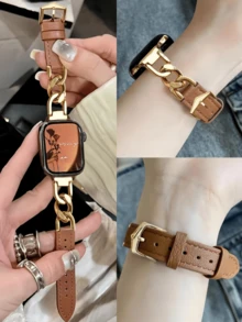 1件男女通用创意奢华银色/金色/玫瑰金金属玫瑰手链，配可调节柔软棕色皮革表带，兼容Ultra 2 1 SE 9 8 7 6 5 4 3 2 1系列38mm 40mm 41mm 42mm 44mm 45mm 49mm智能手表表带 - 棕色 - 查看 6