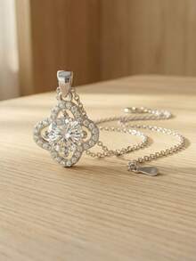 S925 Sterling Silver Four-Leaf Clover Pendant Necklace, Sparkling Zirconia, Daily Wear For Women, Hypoallergenic, Gift Box - Silver - View 5