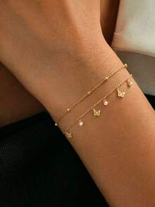1pc Charm Sparkling Rhinestone And Butterfly Pendant Double Layer Gold Bracelet For Women, Bohemian Style Gold Interval Bead Butterfly Set Diamond Tassel Gold Bracelet For Girls, Elegant And Fashionable Party Jewelry Bracelet For Women, Suitable For Women's Daily Wear, Minimalist Style Gold Double Layer Bracelet For Women, Lucky Gifts For Good Friends And Mothers - Golden Butterfly - View 1
