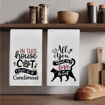 2pcs Cute Cat Graphic Kitchen Towels, 40*60cm Soft Microfiber Material Tea Towels, Suitable For Home, Kitchen, Restaurant, Outdoor Camping, Tabletop Cleaning, Dish Drying, Wiping Hands, Gift