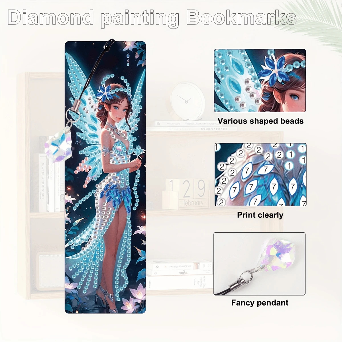 Bộ 4 chiếc bookmark tranh đính đá, quà tặng tranh đính đá pha lê kèm mặt dây chuyền kim cương, bookmark đọc sách thủ công tự làm lấp lánh cho gia đình, văn phòng, trường học, quà tặng cho người yêu sách.