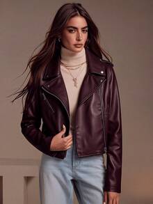 Women's Minimalist Versatile Faux Leather Short Motorcycle Jacket, Suitable For Spring And Autumn - Coffee Brown - View 4