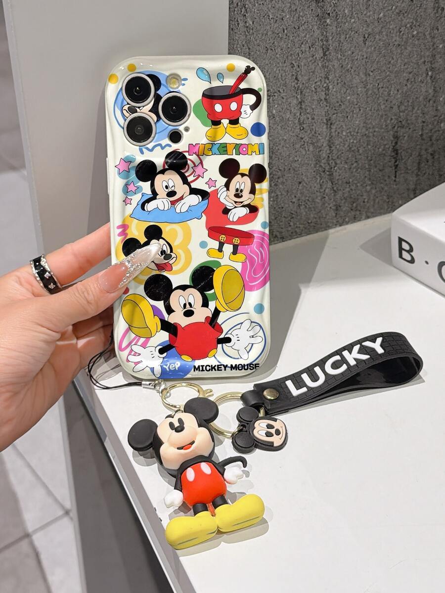 This Disney Mickey Mouse Lanyard Phone Case Is Fully Covered In TPU Material. It's Shockproof, Lightweight, And Compatible With IPhone17/16/11/13/15/15 Plus/15 Pro/15 Pro Max/12/14 Pro Max/11 Pro Max/12 Pro/12 Pro Max/13. This Phone Case Makes A Popular Birthday Gift Or Business Gift; It's Durable, Stain- And Fingerprint Resistant, And Suitable For Both Men And Women. The Set Also Includes A Mickey Mouse Phone Case And A Mickey Mouse Plush Bracelet. It's A Perfect Gift For Friends And Family. This Stylish Phone Case Is Fun, Lightweight, And Durable. IPhone17 Pro Max Phone Case, Minnie Mouse Phone Case. - trắng - Xem 1
