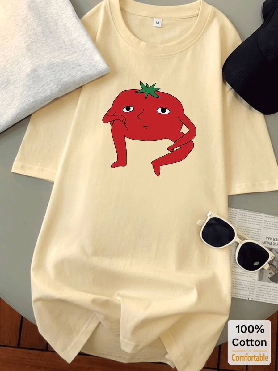 Tomato Graphic Mid-Length T-Shirt, Stylish Casual Top For Women Summer - Apricot - View 1