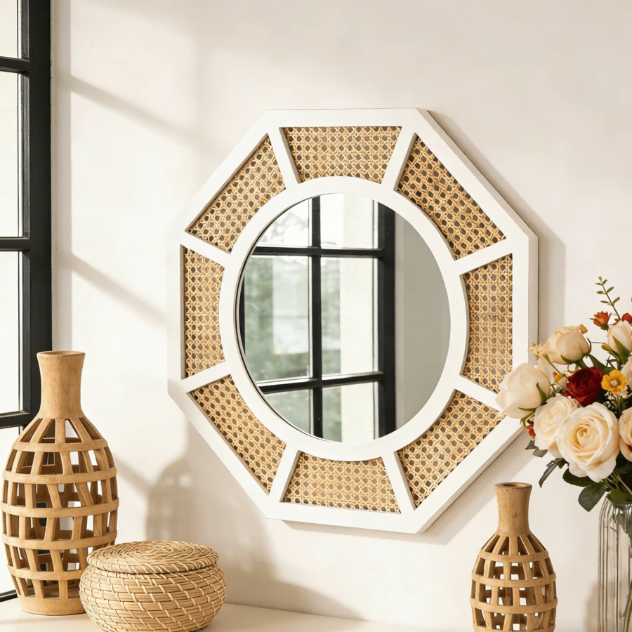 24 In Rattan Wall Mirror Decoraive Boho Wall Decor Large Rattan Mirror Natural Woven Rattan Mirrors For Farmhouse,Living Room,Bedroom,Bathroom,White Frame - 卡其色 - 查看 1