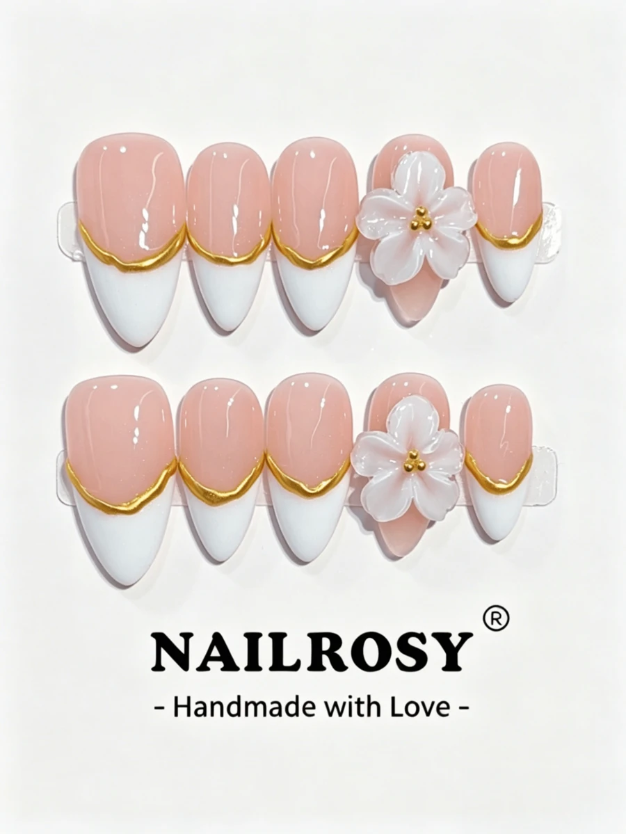 nailrosy 10pcs Pink Bow French Manicure Nail Stickers | Reusable Fake Nails | Elegant Minimalist Handmade Acrylic Nail Kit | Wedding Nails | Cute Nails | Gift For Her | Essential Nails | Daily Nails | Rhinestones - Multicolor - View 1