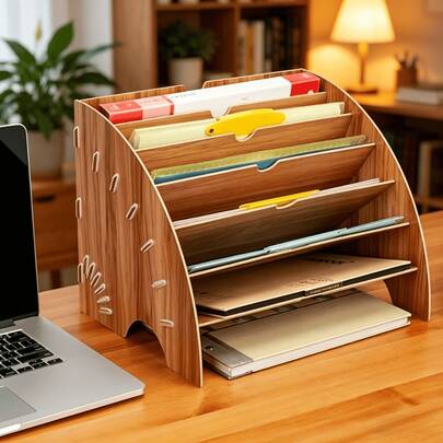Giá đựng hồ sơ nhiều tầng hình quạt rỗng bằng gỗ, giá để hồ sơ nghiêng để bàn, kệ lưu trữ tài liệu văn phòng và gia đình - Chứa sách, sổ tay, bút, v.v.